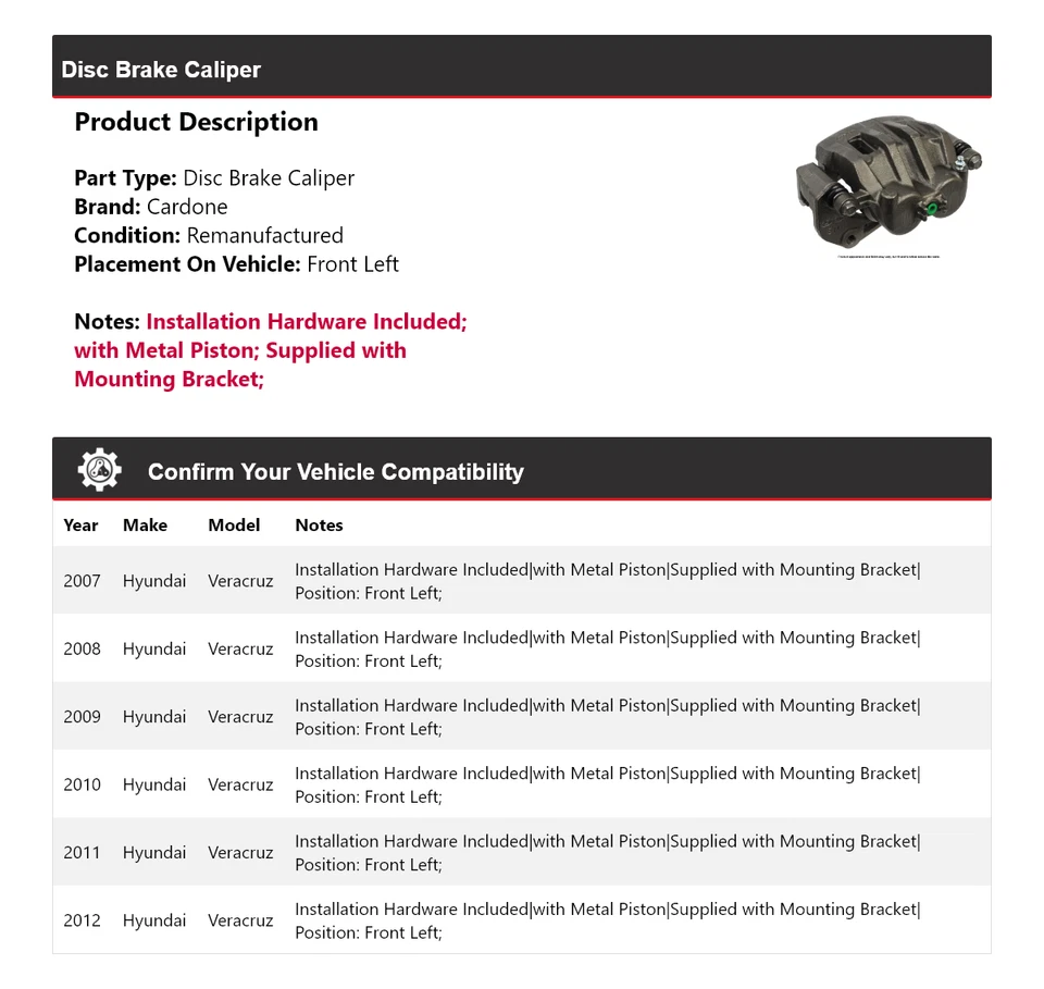 Pinza de freno de disco delantera izquierda cardone 2008 2009 para Hyundai Veracruz 2007-2012 Foto 2 de 4