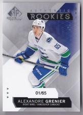 15-16 SP Game Used Alexandre Grenier 1/65 Rookie True RC Vancouver Canucks 2015