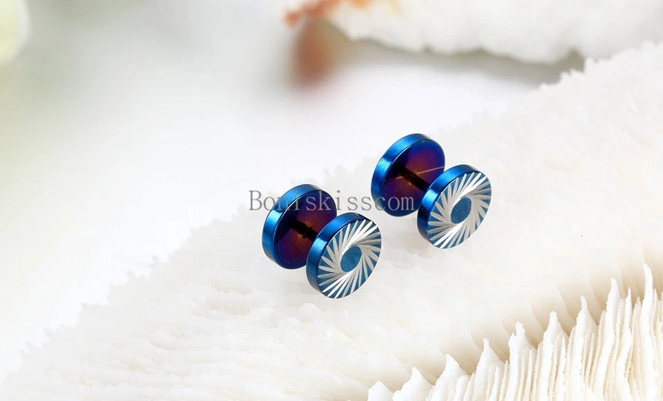 Pendientes de 2 piezas con tornillo redondo de acero inoxidable azul con barra tornado para hombre Foto 2 de 4