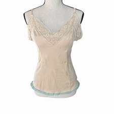 Vintage Lace Trim Satin Camisole Cream 80s 90s Lingerie Top S/M Fairy Romantic