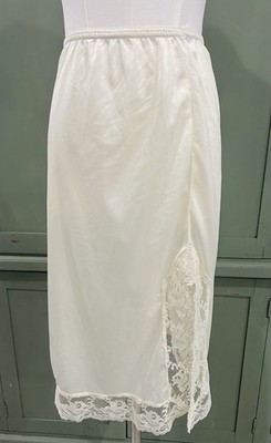 Vintage Midi Slip Skirt Small Ivory Lace Trim Slit Fairy Romantic Coquette Bride