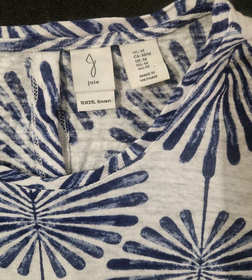 Joie Women’s Blouse Size M White/Blue Floral Round Neck Sleeveless Linen
