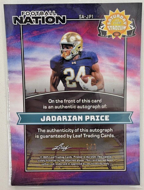 2025 Leaf Football Nation Saturday At Stadium Platinum Auto 1/1 Jadarian Price view 2