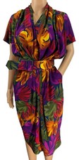 Vintage DAHAN Dress Belted Bright Tropical Leaves Print Hong Kong Size 8 Womens