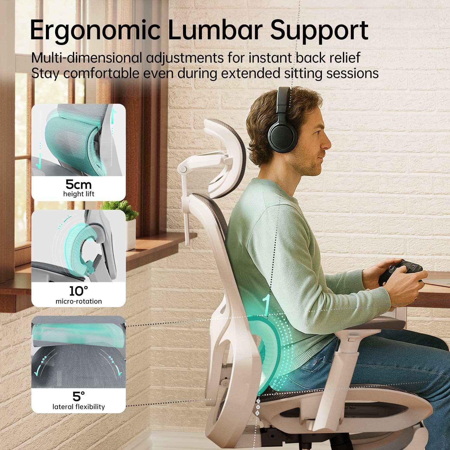 Ergonomic Office Chair with 3D Lumbar Support & Footrest - White