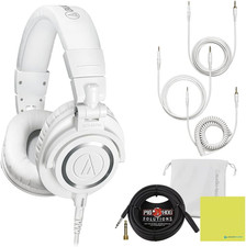 Audio Technica ATH-M50X White Professional Studio Monitor Headphones Wired Bundl