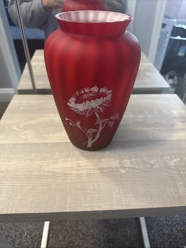 Fenton Red Satin Vase Hand Painted White Flower Signed Cahall