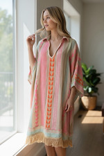 Chocolate Preppy Linen Dress Womens Large Boho Fringe Hem Casual Lagenlook Italy