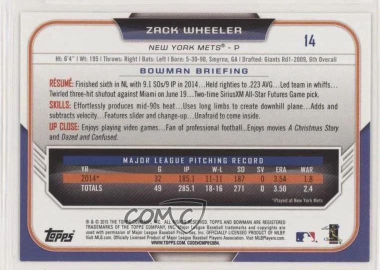 2017 Bowman 70th Anniversary Buybacks Silver Zack Wheeler #2015-14 - Image 2 of 2