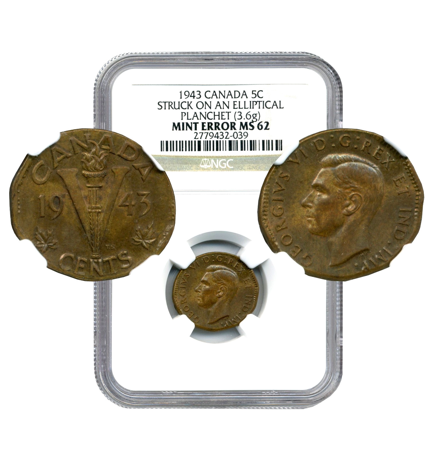 1943 Canada 5 Cents, MINT ERROR, Struck on an Elliptical Planchet - NGC MS62
