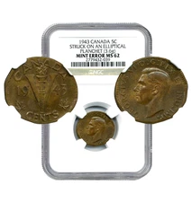 1943 Canada 5 Cents, MINT ERROR, Struck on an Elliptical Planchet - NGC MS62