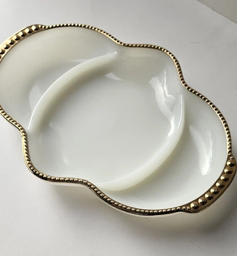 Vtg Fire King Milk Glass Gold Trim Divided Relish Tray Oven Ware Anchor Hocking