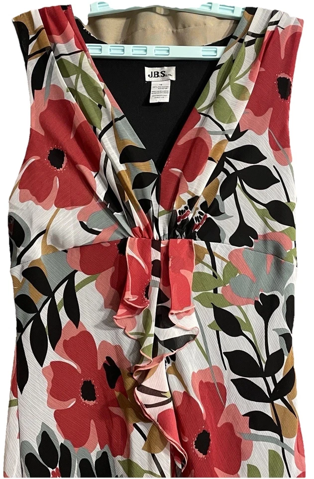 Vestido De Colección JBS LTD Rojo Flor Sol Cuello en V Sin Mangas con Detalle de Volantes Talla 14 Boho Foto 4 de 4