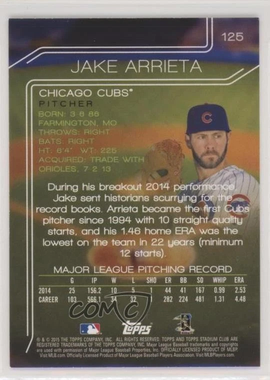 2015 Topps Stadium Club Black Foil /201 Jake Arrieta #125 - Image 2 of 2