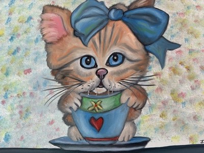 Original oil painting 11 x 14 inches cat kitten with coffee cup Pet Portrait 