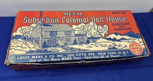 1950’s  Vintage Marx Suburban Colonial Doll Tin House  2 Story Furniture