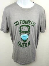SMP "SO FRANKEN OVER IT" Sz Lg Frankenstein Face w/Mask Grey Graphic T-Shirt