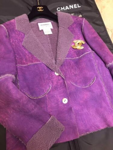CHANEL Rare Vintage Genuine leather Mouton Lamb wool Jacket Purple Size38 - Picture 1 of 10
