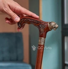 Bronze Tiger Metal Walking Stick Cane Brass Handle Wooden Shaft for men women
