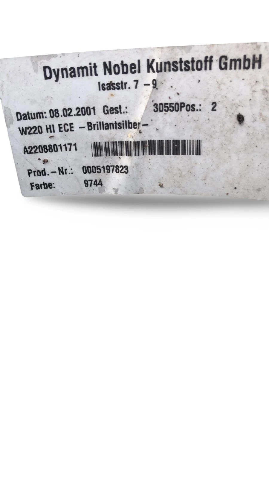 A2208801171 Mercedes W220 bumper identification label