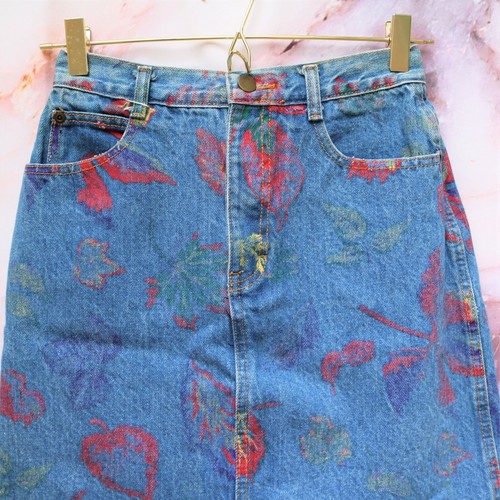 Vintage 90s Painted Floral Denim Mom Jeans Pencil Mini Skirt Size 24 - Picture 2 of 8
