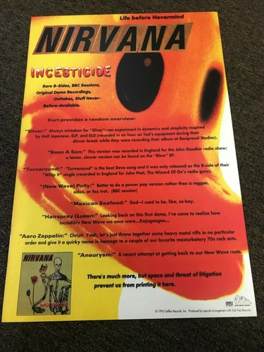Nirvana Incesticide 1992 Kurt Cobain Promo Cardstock Poster 12"x18"