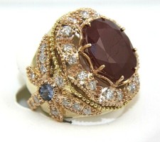 Oval Ruby, Diamond & Tanzanite Dragonfly Wide Ring 14k Yellow Gold 16.34Ct