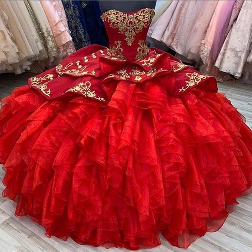 Red Quinceanera Dresses Sweetheart Gold 