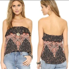 Free People Cropped Boho Flounce Ruffle Strapless Tube Top XS Black Coral Grey