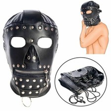 Unisex PU Leather Gimp Head Harness Headgear Hooded Mask Lockable Binding