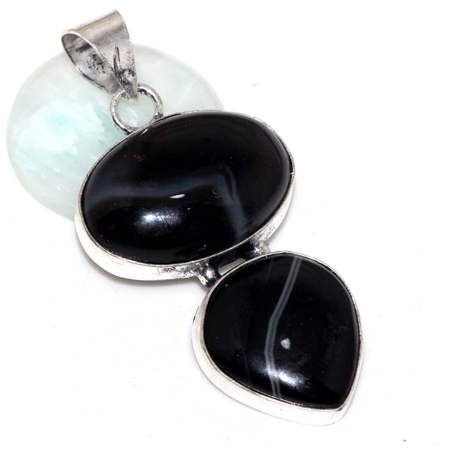 925 Silver Plated-Banded Black Onyx Ethnic HandmadeLong Pendant Jewelry 2