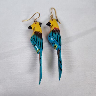 Vintage Carved Wood Figural Parrot Earrings Statement Tropical Birds Tiki 