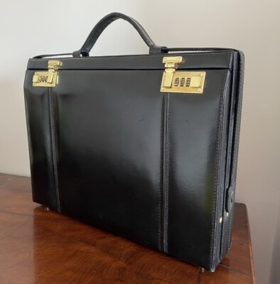Vintage Woman s Black Top Grain Leather 1980 s Attaché Brief Document Case