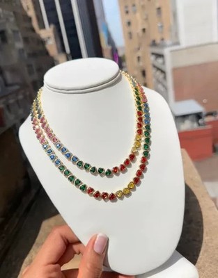 20 ctw Created Bezel Multi Sapphire Heart Tennis Necklace 14K White Gold Plated!