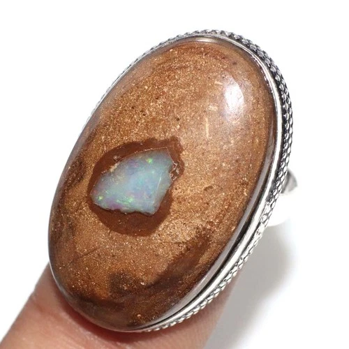925 Silver Plated Australian Boulder Pipe Opal Ring US 8 Seasonal Jewelry GW