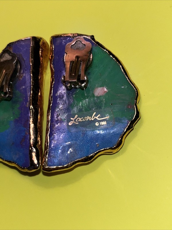 AMY LACOMBE Abstract Clip Earrings Wearable Art Trim 24K Gold Colorful Vtg 