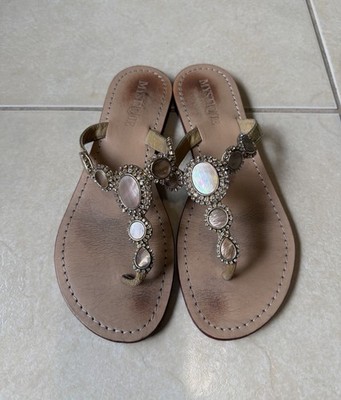 Mystique Pearl Jeweled Rhinestones Sz 9 Gold Leather Thong Sandals Flip Flop