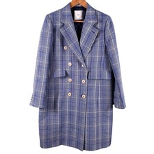 Mango Trench Coat Women's Small Blue White Plaid Double Breasted Office Career
