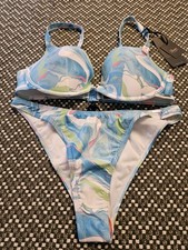 Boux Avenue Blue Mix Marble Plunge Bikini Size 32E/10 Rrp £48