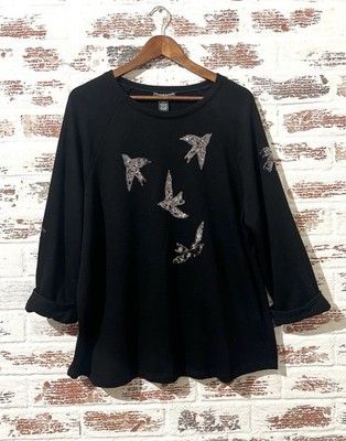 Chelsea & Theodore Sweater Sequin Flying Birds 3/4 Sleeve Pullover Black Boho 2X