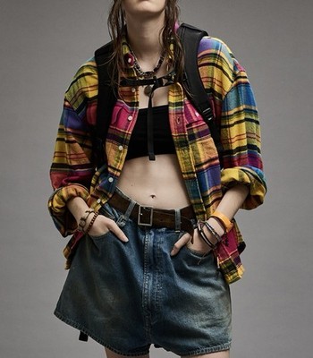 NWT~R13 Relaxed Workshirt with Rainbow Plaid Size S