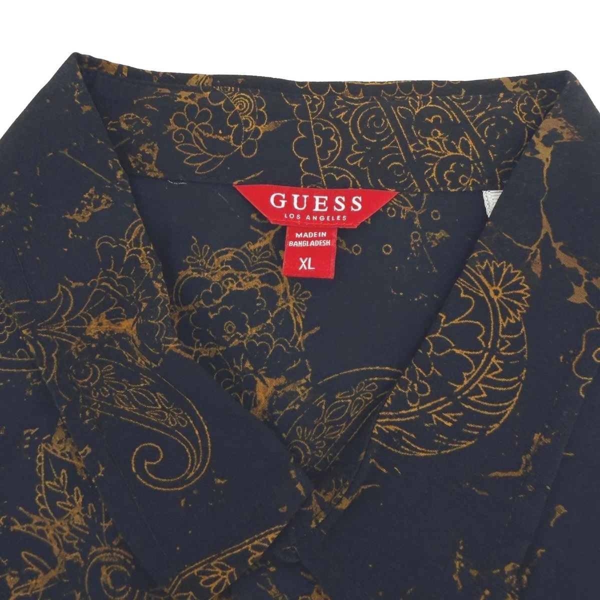 Camisa Guess LA Para Hombres XL Negra Dorada Cachemira Viscosa Elastizada Manga Corta Moderna