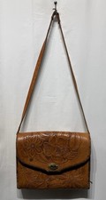 Leather Hand Tooled Handbag With Floral Motifs And Brass Clasp W 11  H 8.5