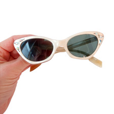 Vintage 1950s Cat Eye Sunglasses France Rhinestone Pearl White