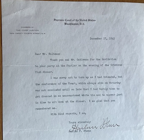 Lettre autographe Harlow Stone signée en tant que juge en chef de la Cour suprême