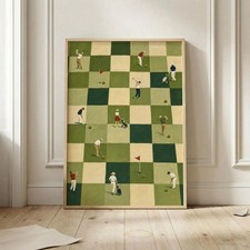 Green Office Wall Art Tiny Golfers Checkerboard Olive Poster Funny Golf Print