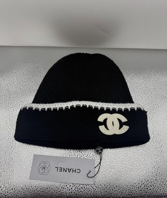 CHANEL Black White Knit Beanie Hat Logo Women's One Size Winter | eBay