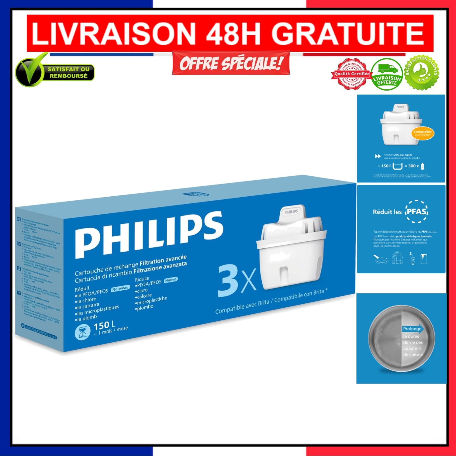 Filtre eau Philips reduction microplastiques et calcaire pour carafe cuisine