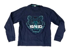 KENZO PARIS Navy Blue/Teal TIGER-GRAPHIC CREWNECK SWEATSHIRT Warm Gym Women's L
