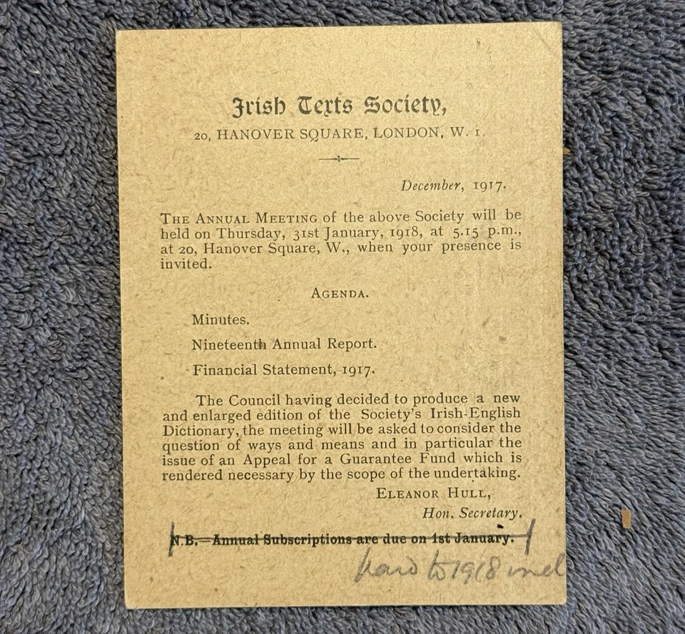 1917 Irish Texts Society London Postcard to USA King George V ½d Green Imprint - Image 2 of 3